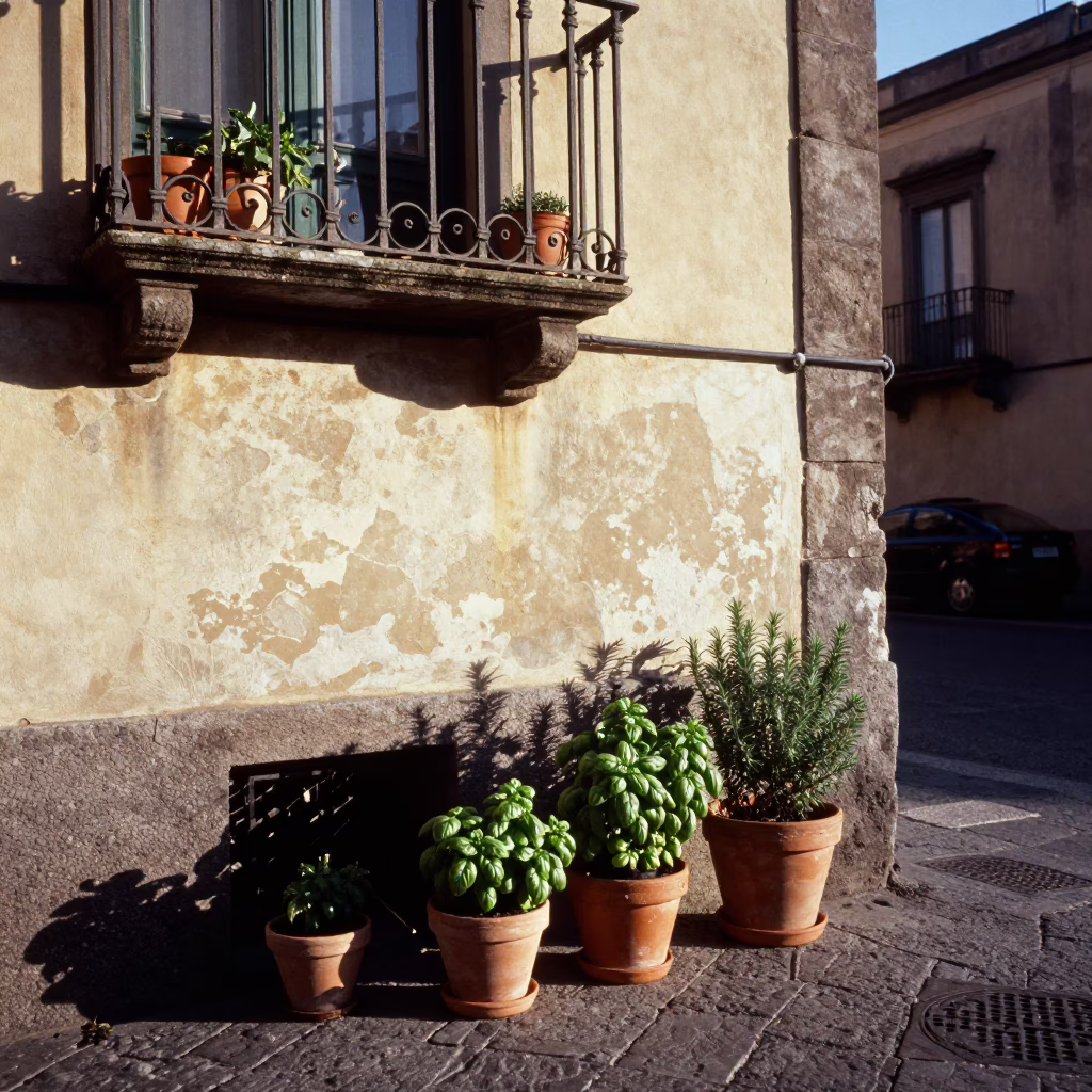 Late Afternoon Naples Street Scene with Potted Herbs and Cutlery on Balcony in in Naples, Italy