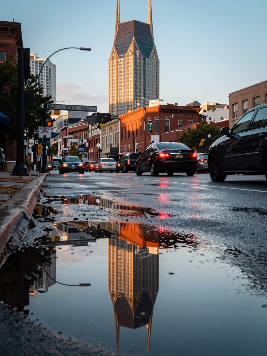 Late Afternoon Nashville Street Reflections and Urban Details in Tennessee in in Nashville, Tennessee, United States