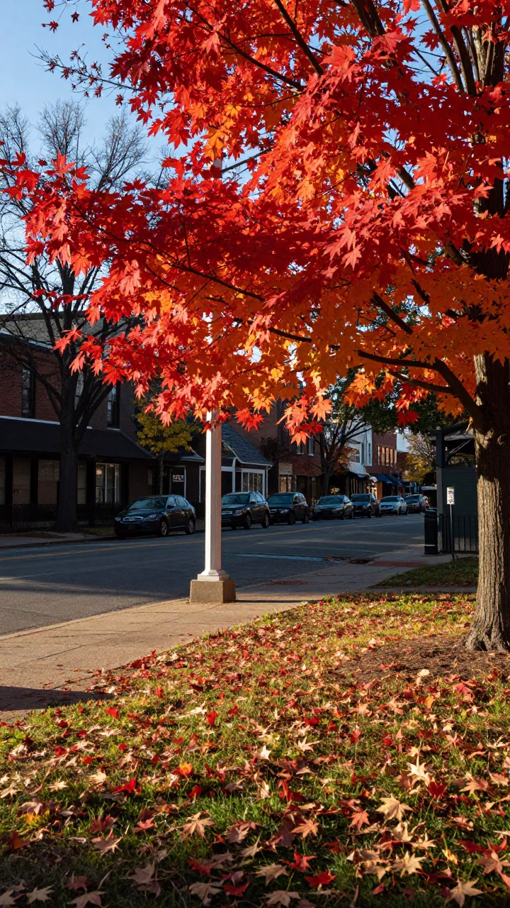 Late Afternoon Nashville Street Scene with Autumn Maple Leaves and Garden Benches in in Nashville, Tennessee, United States