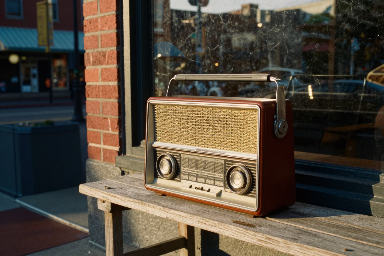 Late Afternoon Nashville Street Scene with Vintage Radio and Fig Tree in in Nashville, Tennessee, United States