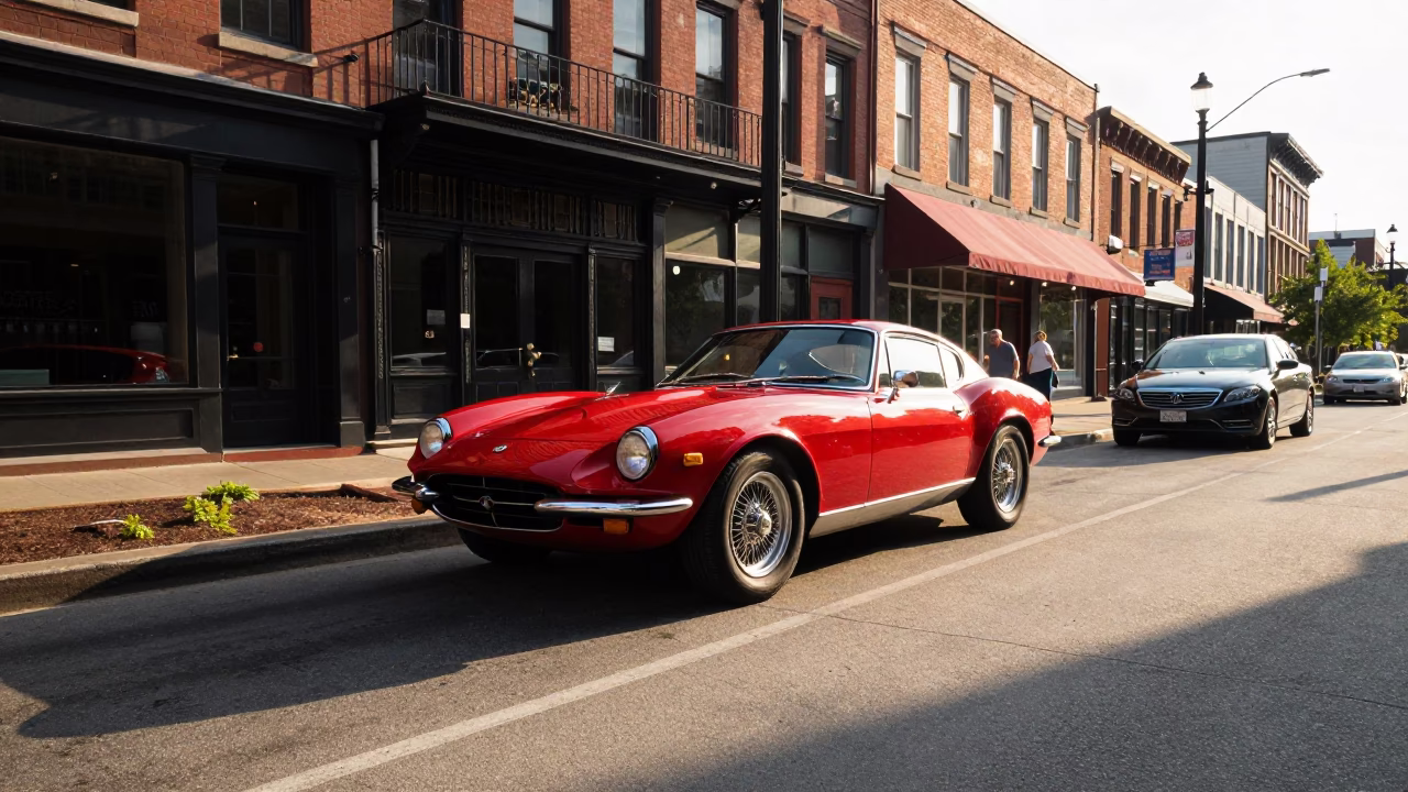 Late Afternoon Nashville Street Scene with Vintage Red Sports Car on Broadway in in Nashville, Tennessee, United States