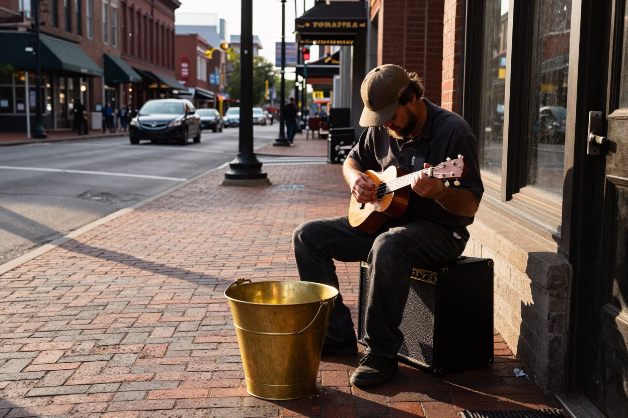 Late Afternoon Nashville Street Scene with Vintage Ukulele and Brass Bucket in in Nashville, Tennessee, United States