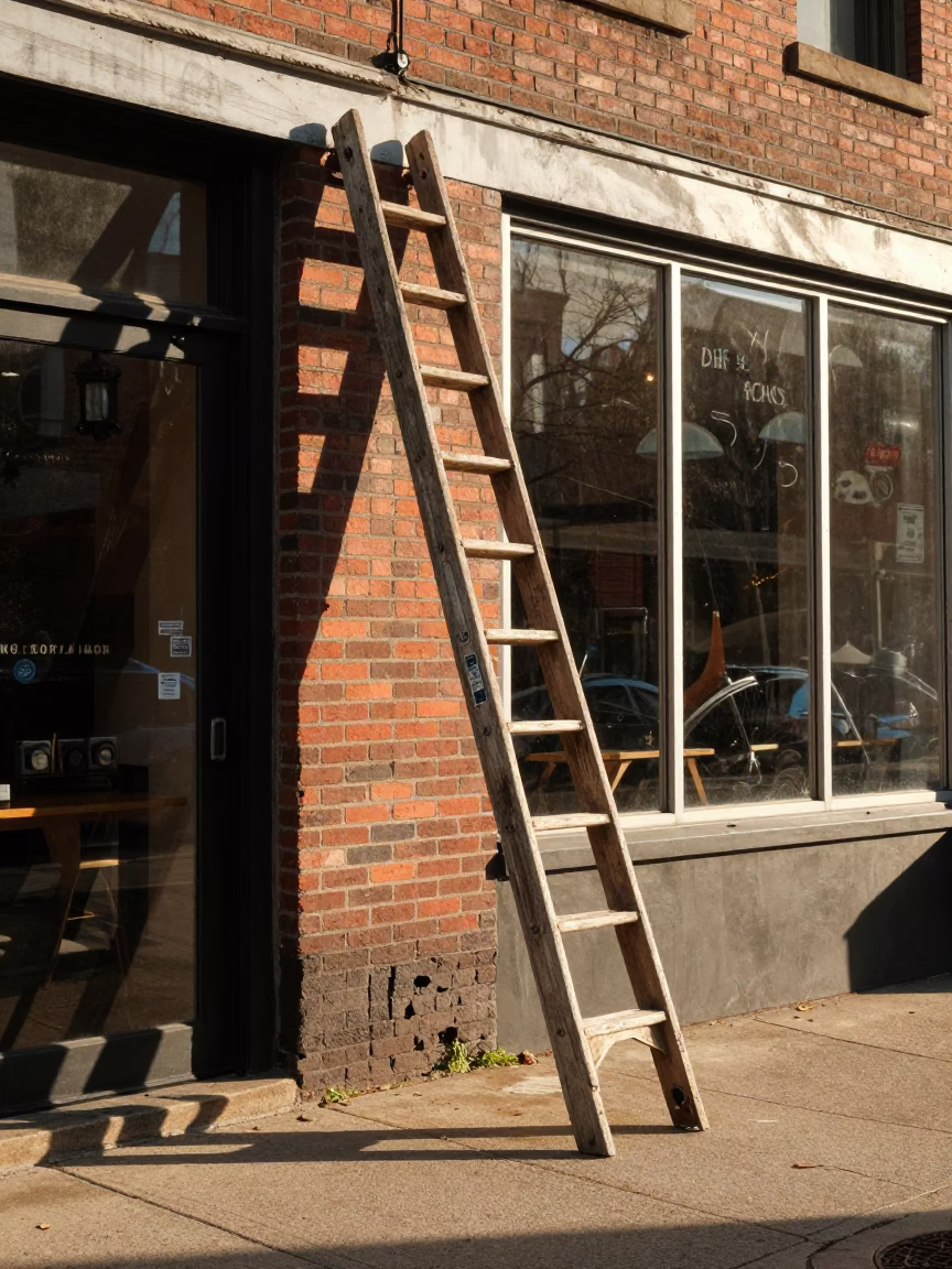 Late Afternoon Nashville Street Scene with Wooden Ladder and Local Commerce in in Nashville, Tennessee, United States