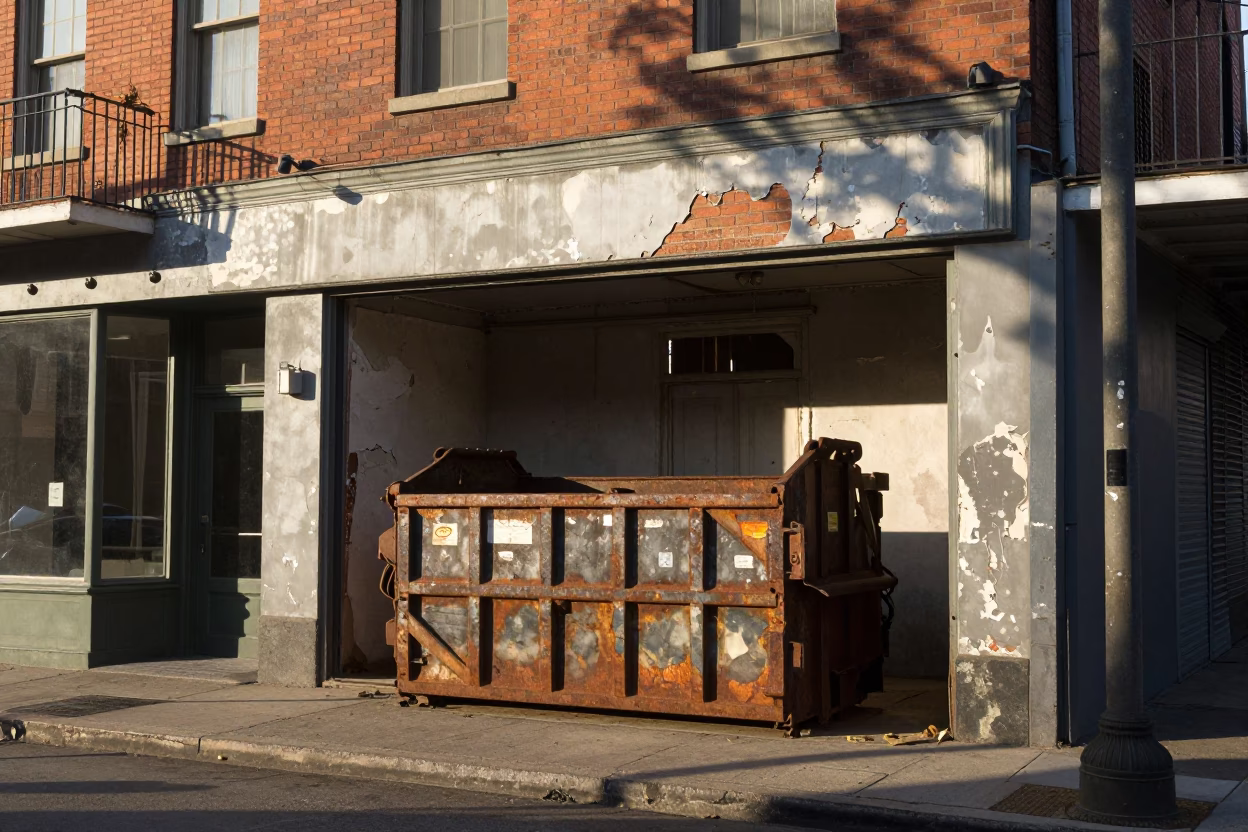 Late Afternoon New Orleans Street Scene with Demolition Dumpster and Bread Loaves in in New Orleans, Louisiana, United States