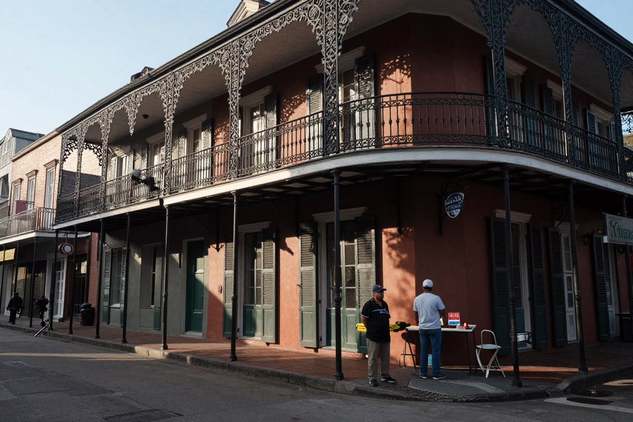 Late Afternoon New Orleans Street Scene with Iron Balconies and Casual Local Activity in in New Orleans, Louisiana, United States