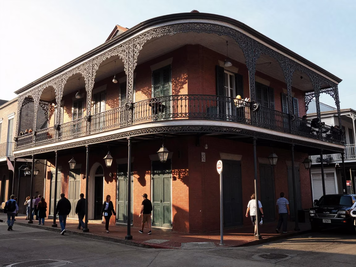 Late Afternoon New Orleans Street Scene with Iron Balconies and Street Vendor in in New Orleans, Louisiana, United States