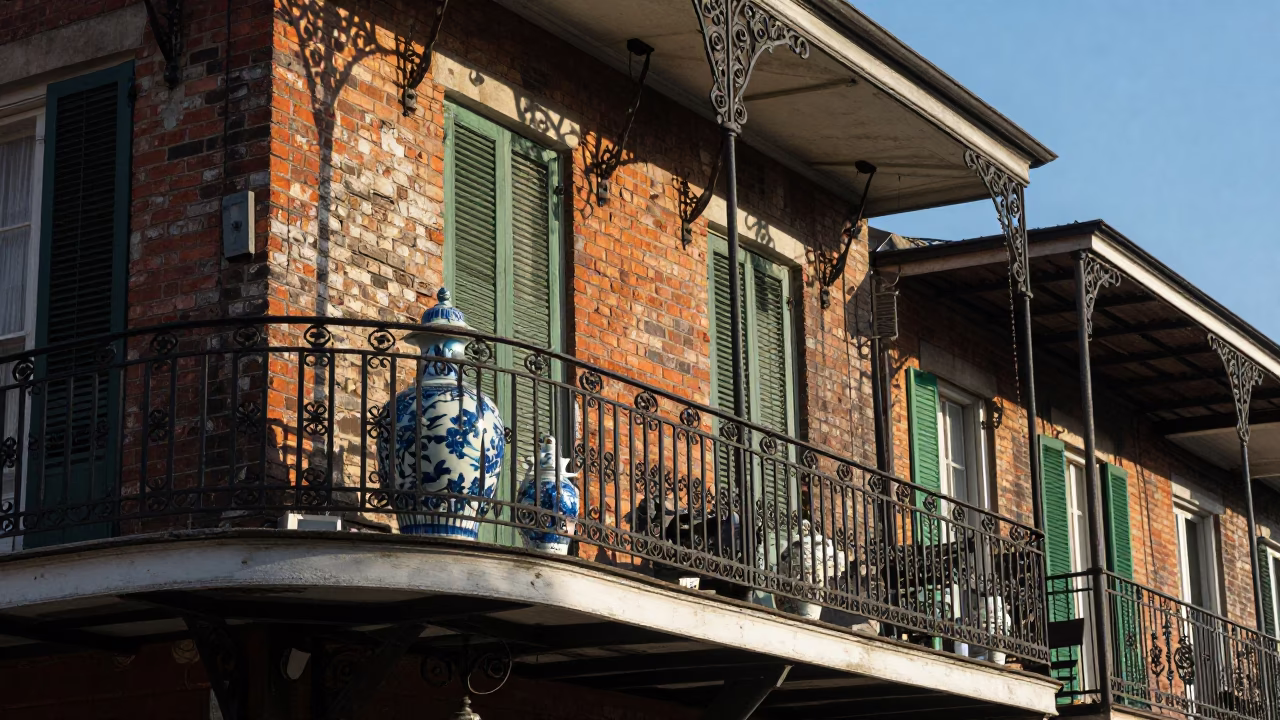 Late Afternoon New Orleans Street Scene with Porcelain Jar and Foxglove Details in in New Orleans, Louisiana, United States