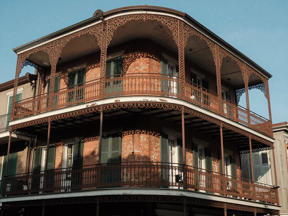 Late Afternoon New Orleans Street Scene with Rusty Iron Balconies and Local Life in in New Orleans, Louisiana, United States