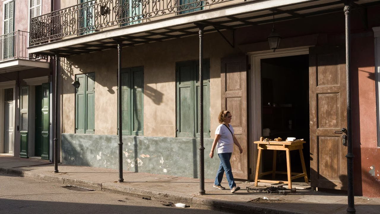 Late Afternoon New Orleans Street Scene with Vintage Details and Local Atmosphere in in New Orleans, Louisiana, United States