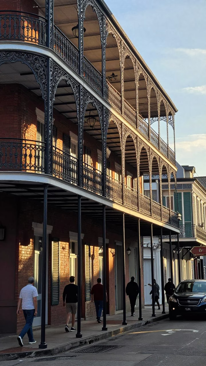 Late Afternoon New Orleans Street Scene with Wrought Iron Balconies and Houseplants in in New Orleans, Louisiana, United States