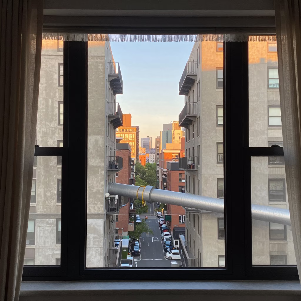 Late Afternoon New York Apartment Window View of District Heating Pipes and Linen Curtains in in New York, New York, United States