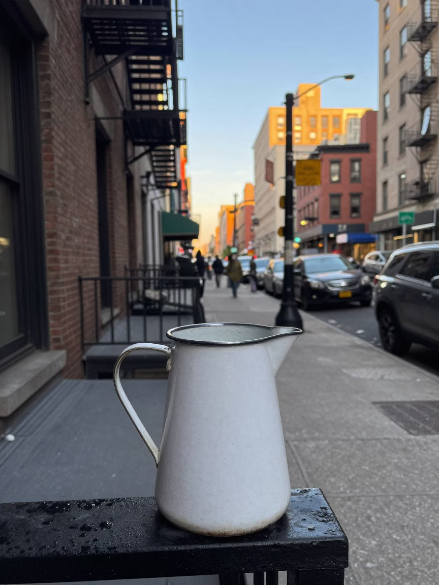 Late Afternoon New York City Street Scene with Enamel Pitcher and Urban Details in in New York, New York, United States