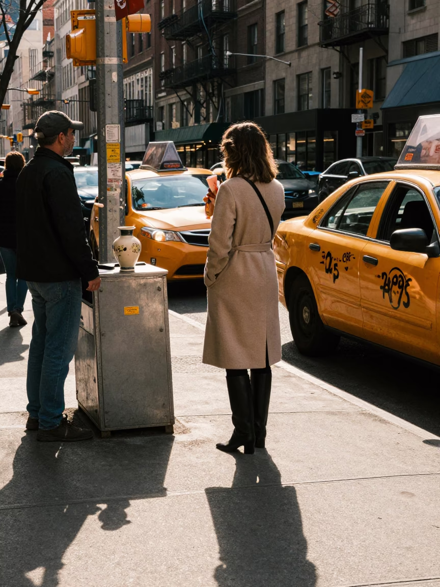 Late Afternoon New York Street Scene with Drinking Vessel and Brooch Details in in New York, New York, United States