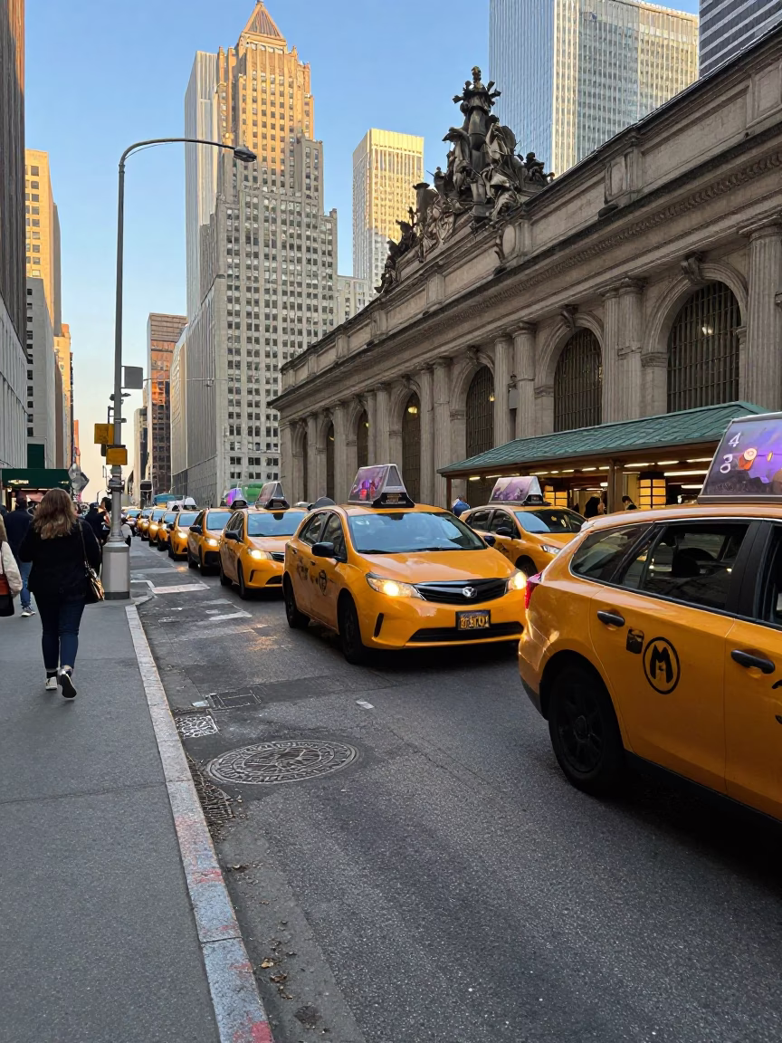 Late Afternoon New York Street Scene with Taxi Rank and Urban Details in in New York, New York, United States