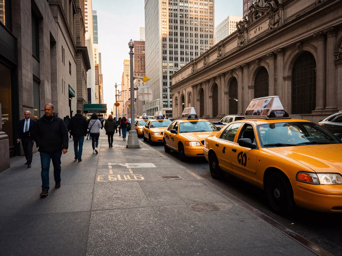 Late Afternoon New York Street Scene with Taxi Rank and Urban Transit in in New York, New York, United States