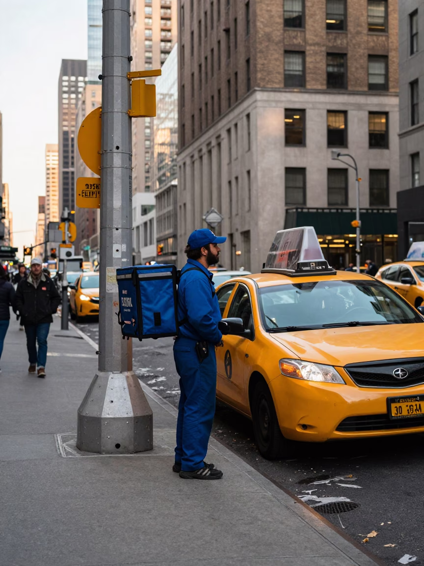 Late Afternoon New York Street Scene with Urban Details and Sidewalk Activity in in New York, New York, United States