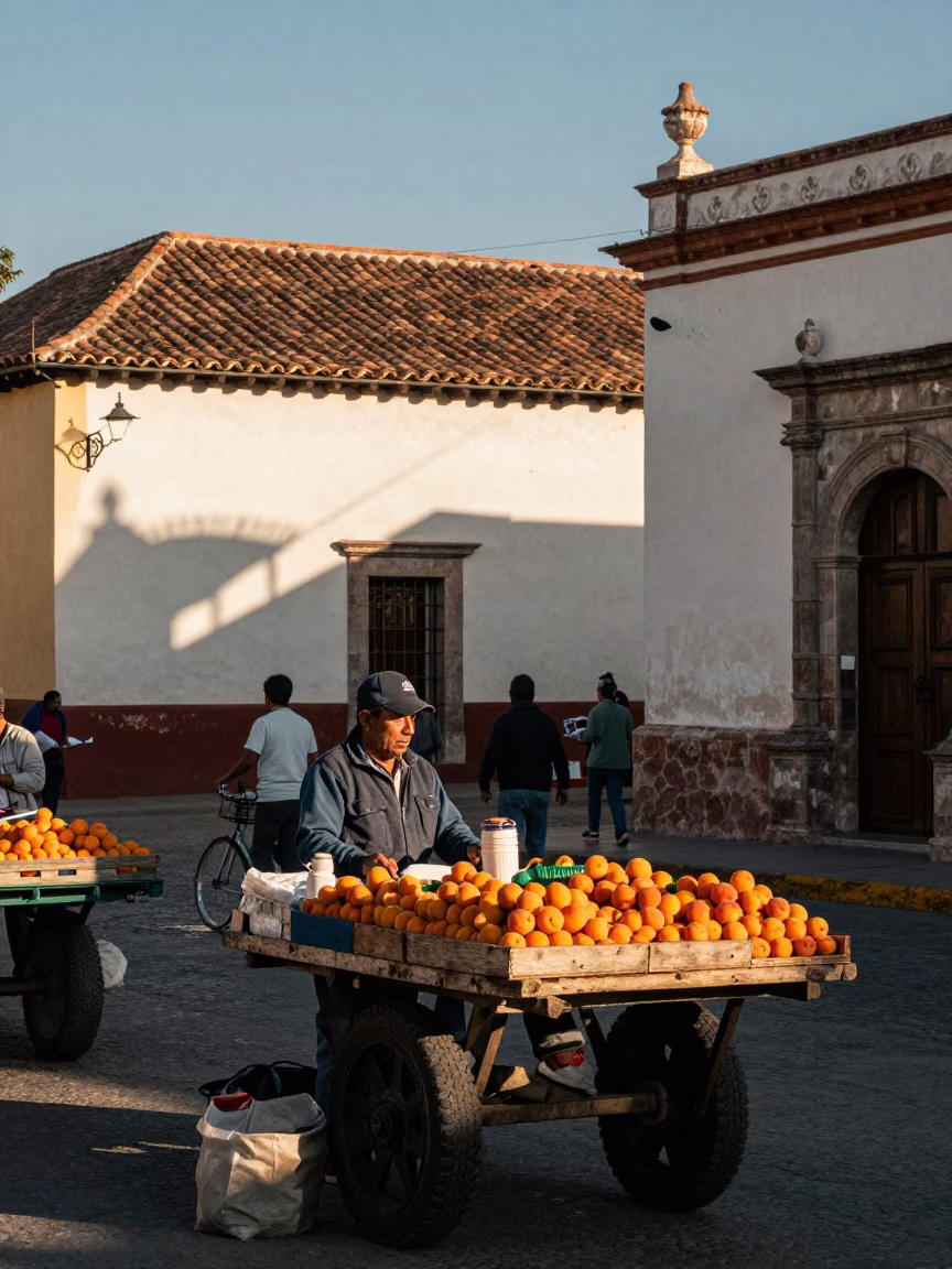 Late Afternoon Oaxaca Market Scene with Apricots and Local Activity in in Oaxaca, Mexico