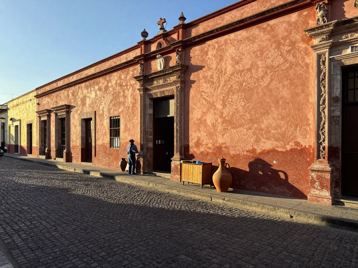 Late Afternoon Oaxaca Mexico Street Scene with Clay Teapot and Tiffin Tin in in Oaxaca, Mexico