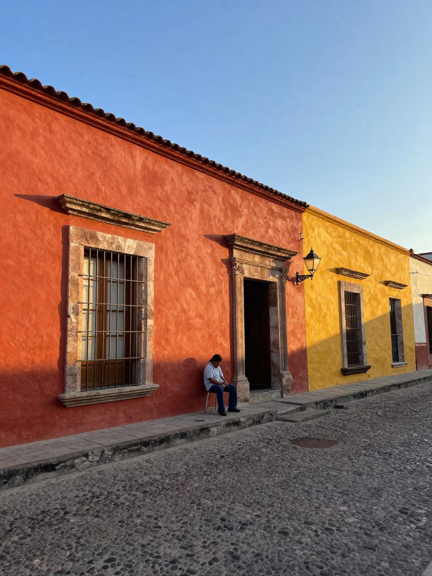 Late Afternoon Oaxaca Street Scene with Colorful Facades and Metal Stools in in Oaxaca, Mexico