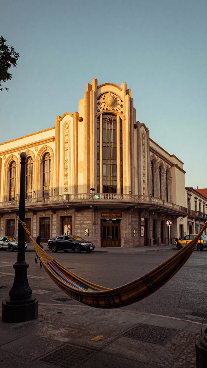 Late Afternoon Oaxaca Street Scene with Hammock and Art Deco Cinema Facade in in Oaxaca, Mexico