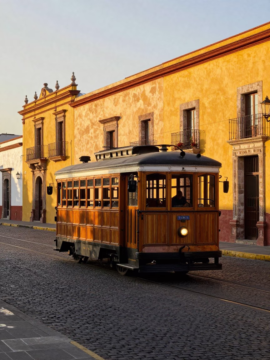 Late Afternoon Oaxaca Street Scene with Heritage Tram and Colorful Architecture in in Oaxaca, Mexico