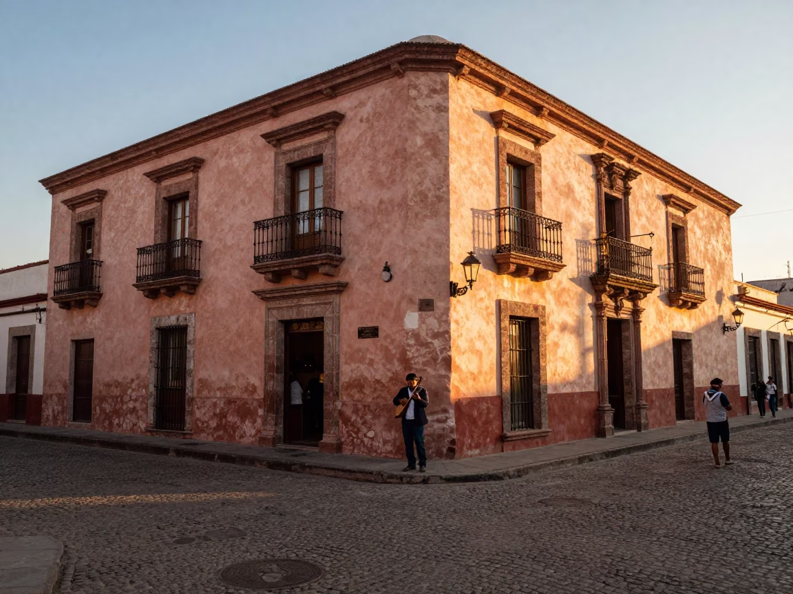 Late Afternoon Oaxaca Street Scene with Tambourine Player and Traditional Architecture in in Oaxaca, Mexico