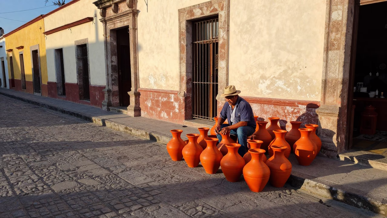 Late Afternoon Oaxaca Street Scene with Traditional Clay Pottery and Linen Fringe Detail in in Oaxaca, Mexico
