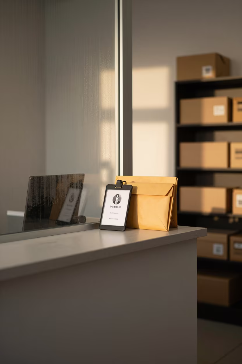 Late Afternoon Office Reception with Badges and Parcels in inside a conference room near Kielce