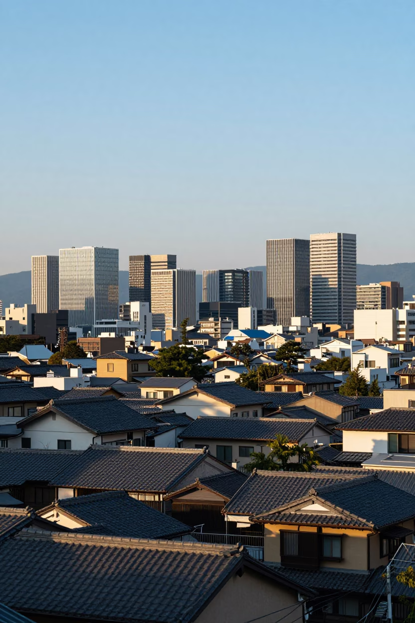 Late Afternoon Osaka Cityscape Horizon with Traditional Rooftops and Modern Skyscrapers in in Osaka, Japan