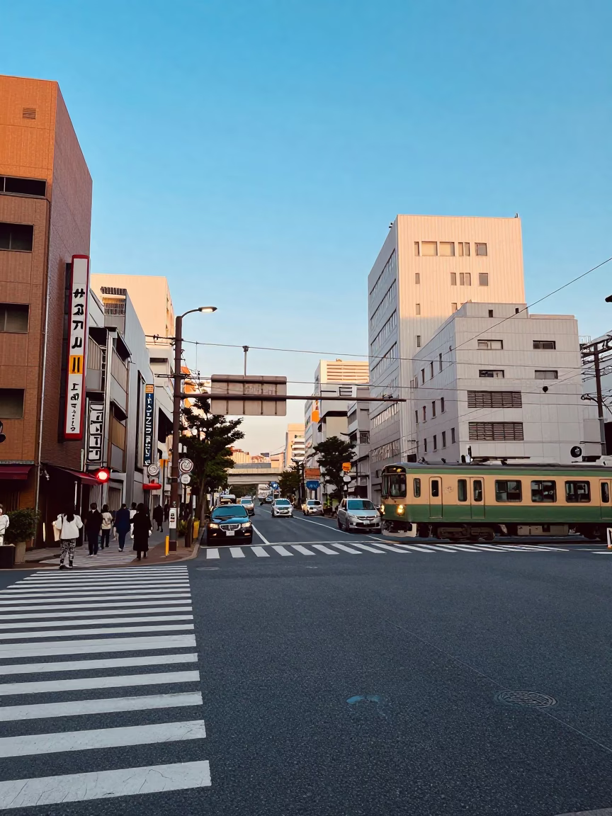 Late Afternoon Osaka Japan Street Scene with Commuter Train Crossing Bridge in in Osaka, Japan
