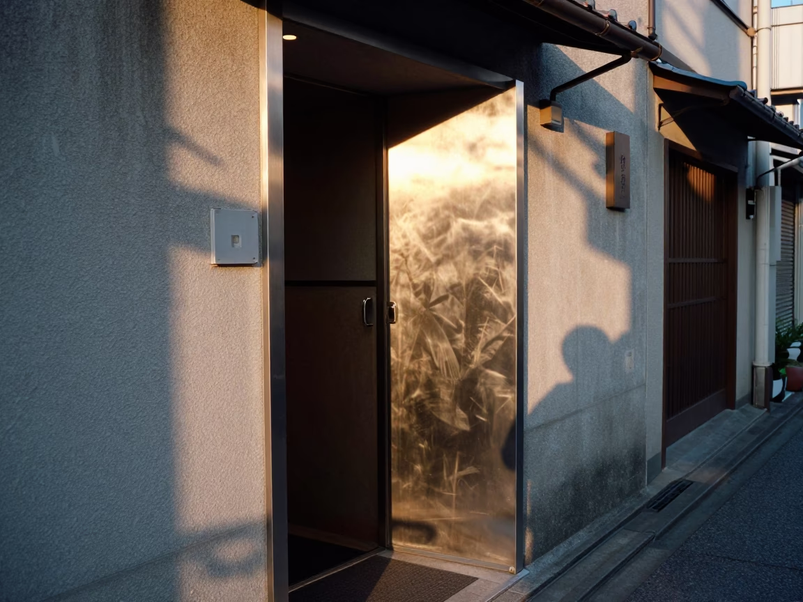 Late Afternoon Osaka Street Scene with Brushed Steel Doorframe and Glass Jar in in Osaka, Japan