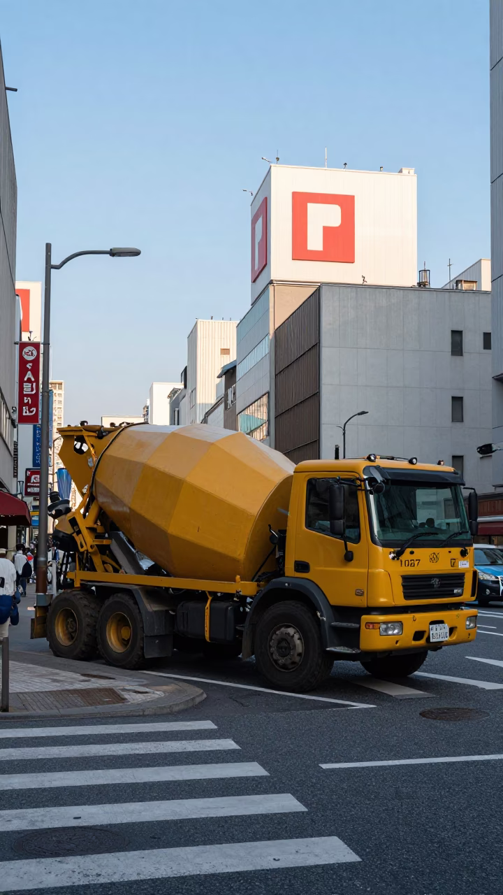 Late Afternoon Osaka Street Scene with Cement Mixer and Urban Construction Activity in in Osaka, Japan