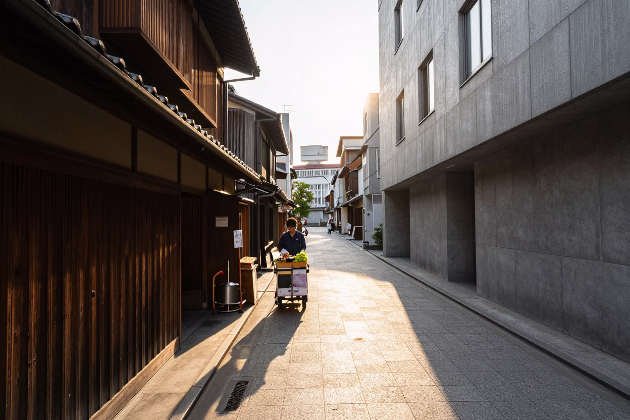 Late Afternoon Osaka Street Scene with Katsudon and Grapes in in Osaka, Japan