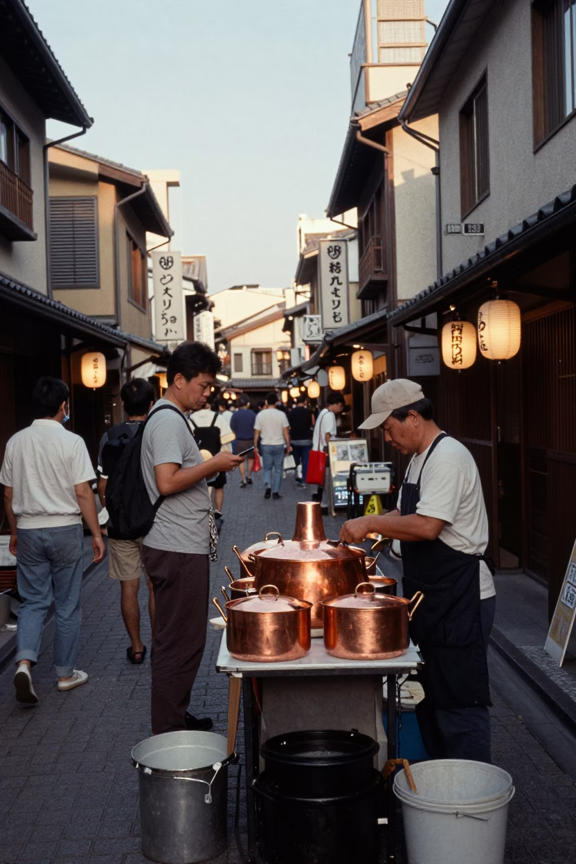 Late Afternoon Osaka Street Scene with Lanterns and Copper Pots in in Osaka, Japan