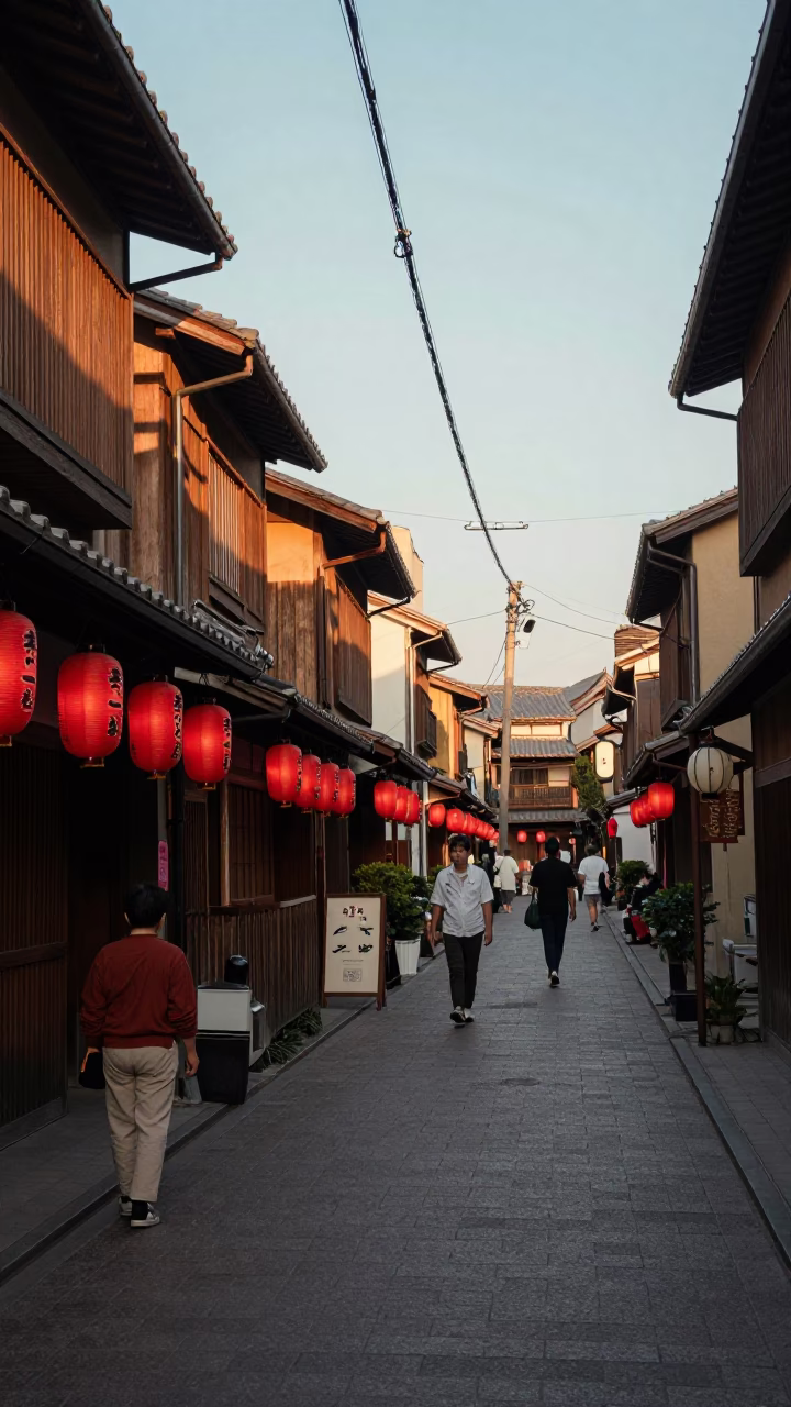 Late Afternoon Osaka Street Scene with Lanterns and Traditional Life in in Osaka, Japan