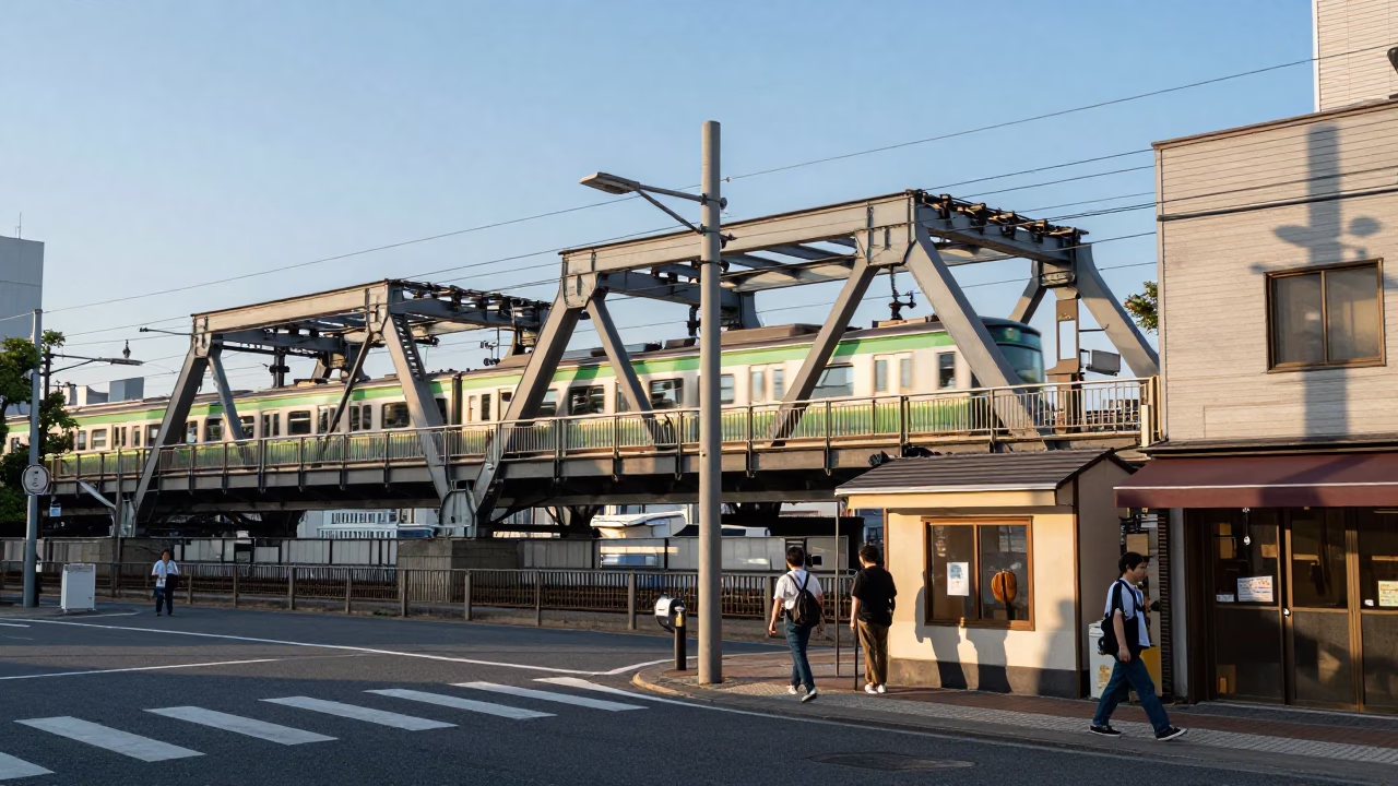 Late Afternoon Osaka Street Scene with Railway Viaduct Arches and Passing Train in in Osaka, Japan