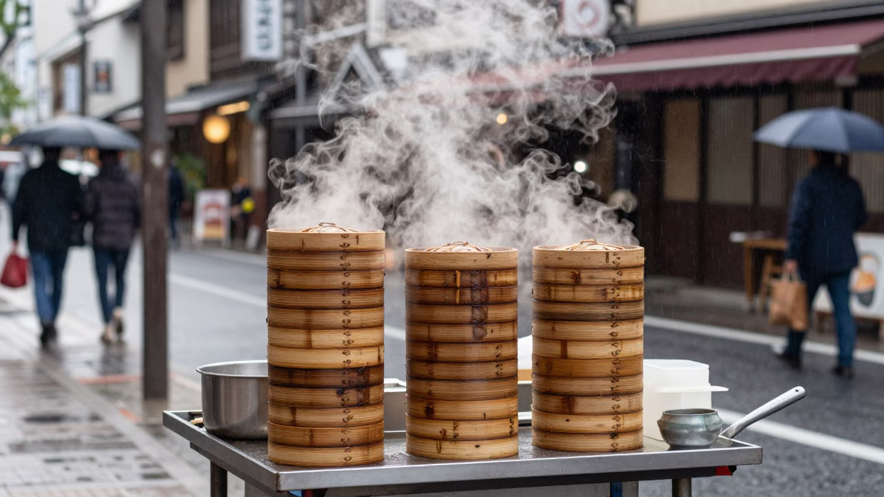 Late Afternoon Osaka Street Scene with Steamers and Rain Puddles in in Osaka, Japan