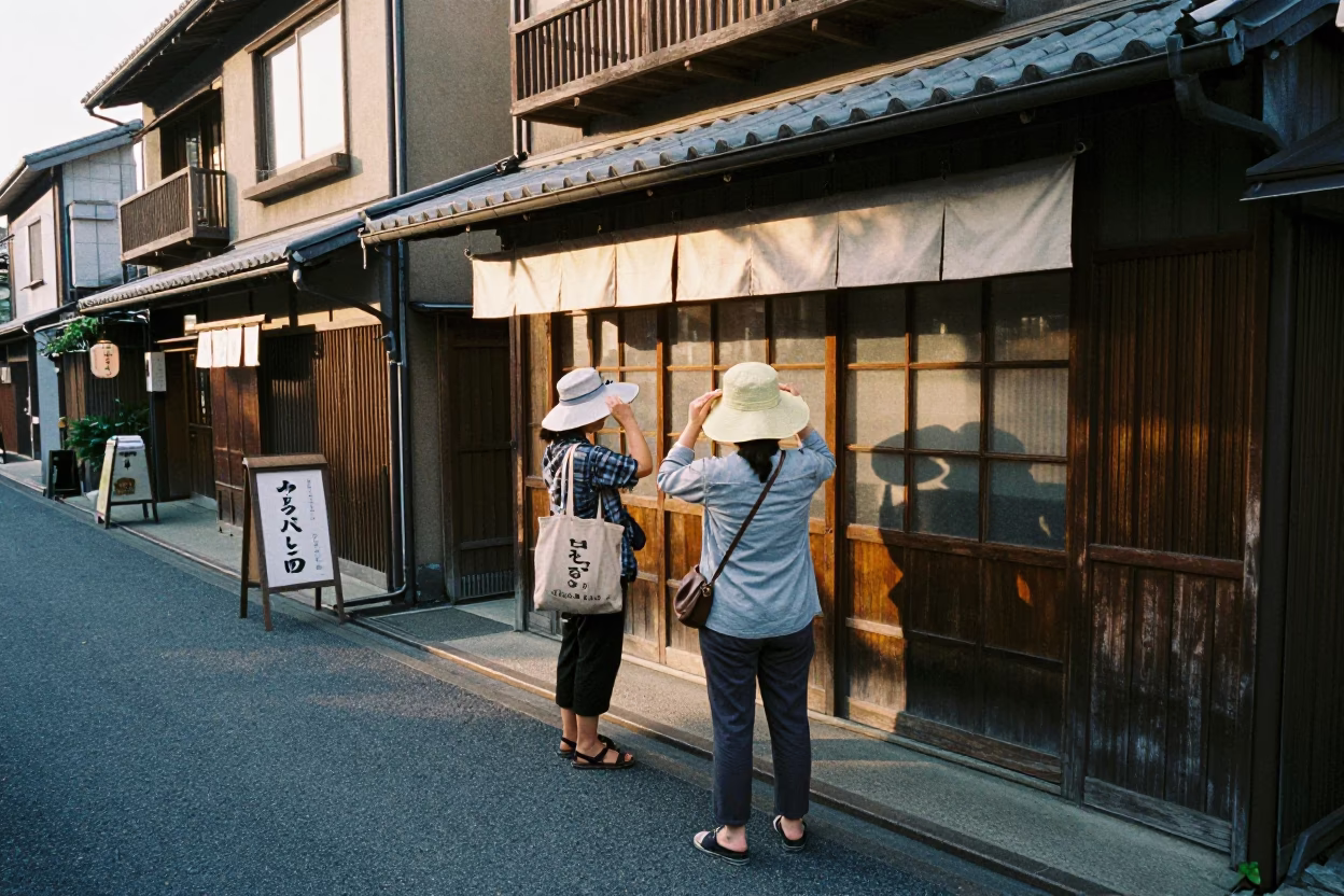 Late Afternoon Osaka Street Scene with Sun Hats and Local Shop Details in in Osaka, Japan