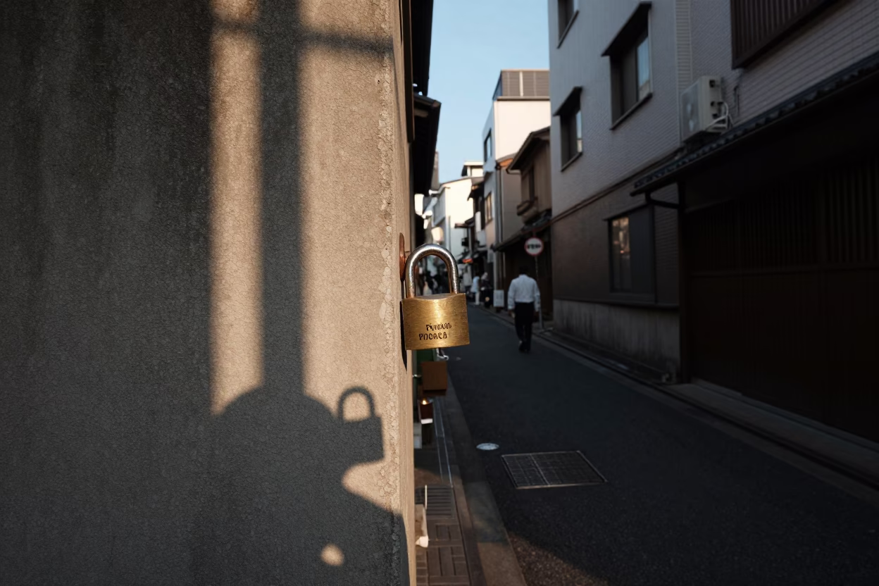 Late Afternoon Osaka Street Scene with Vintage Padlock on Urban Doorway in in Osaka, Japan