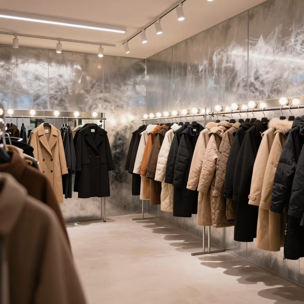 Late Afternoon Outerwear Showroom Memphis Zinc in beside a mirror lined with makeup bulbs near Memphis