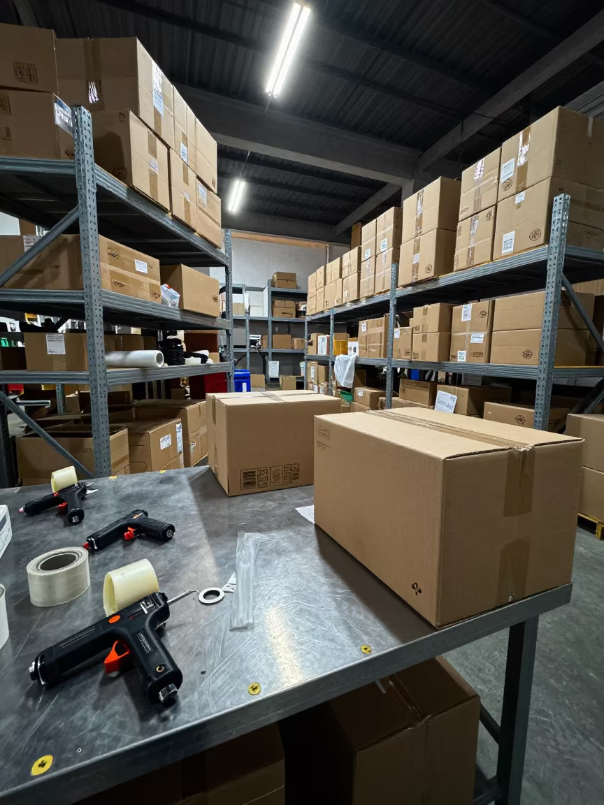 Late Afternoon Packing Station Jamnagar Logistics in inside a fulfillment packing zone in Jamnagar