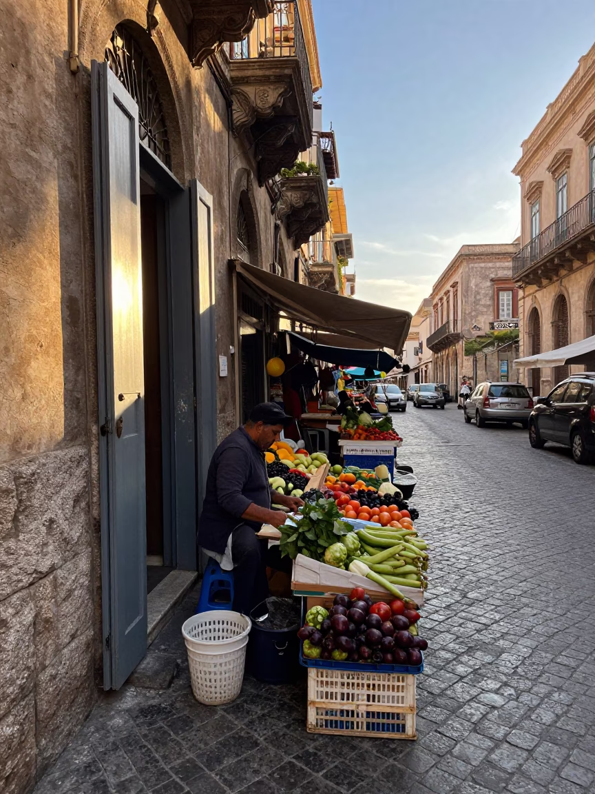 Late Afternoon Palermo Street Scene with Local Market Goods and Natural Window Light in in Palermo, Italy