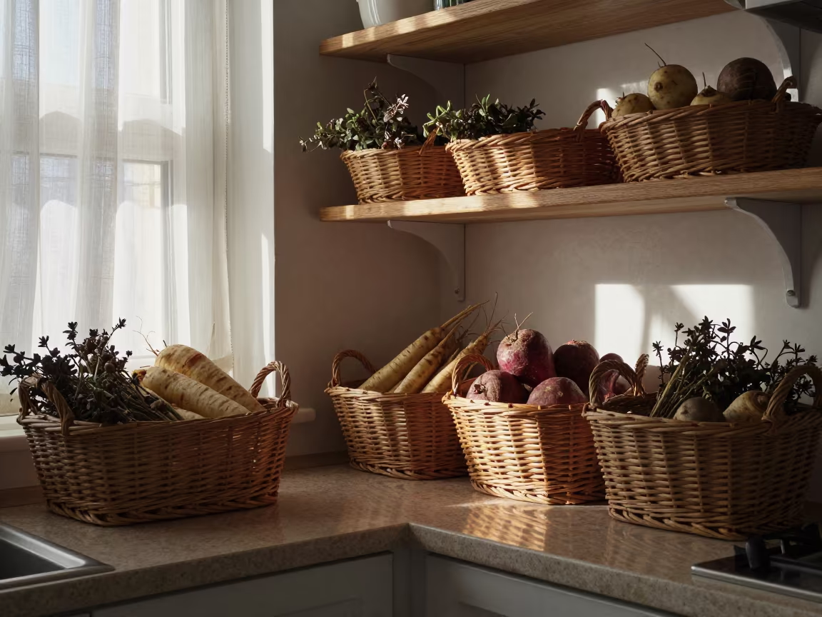 Late Afternoon Pantry with Root Vegetables in Hohhot Kitchen in in a cozy kitchen in Hohhot