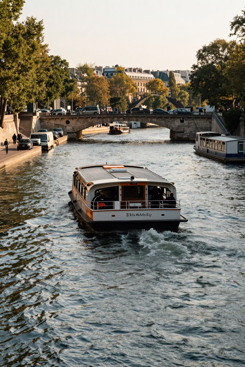 Late Afternoon Paris Canal Scene with Zigzagging Water Taxi and Moored Houseboats in in Paris, France