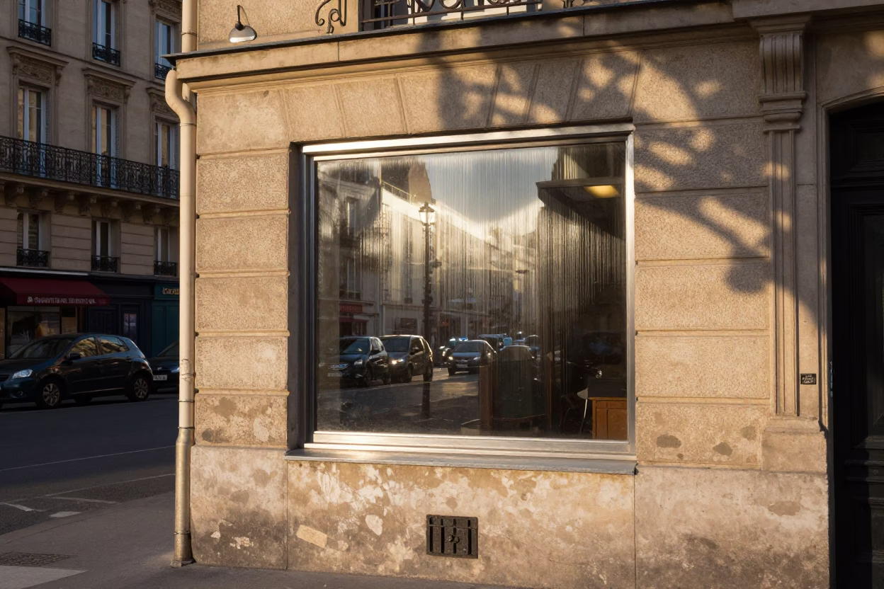 Late Afternoon Paris Street Scene with Brushed Steel Window and Wall Smudges in in Paris, France