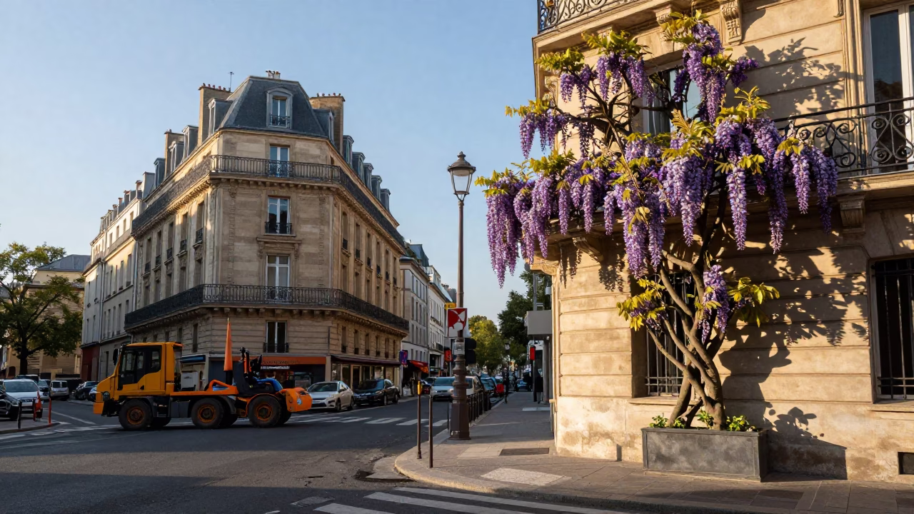Late Afternoon Paris Street Scene with Construction Pile Driver and Wisteria Tunnel Bloom in in Paris, France