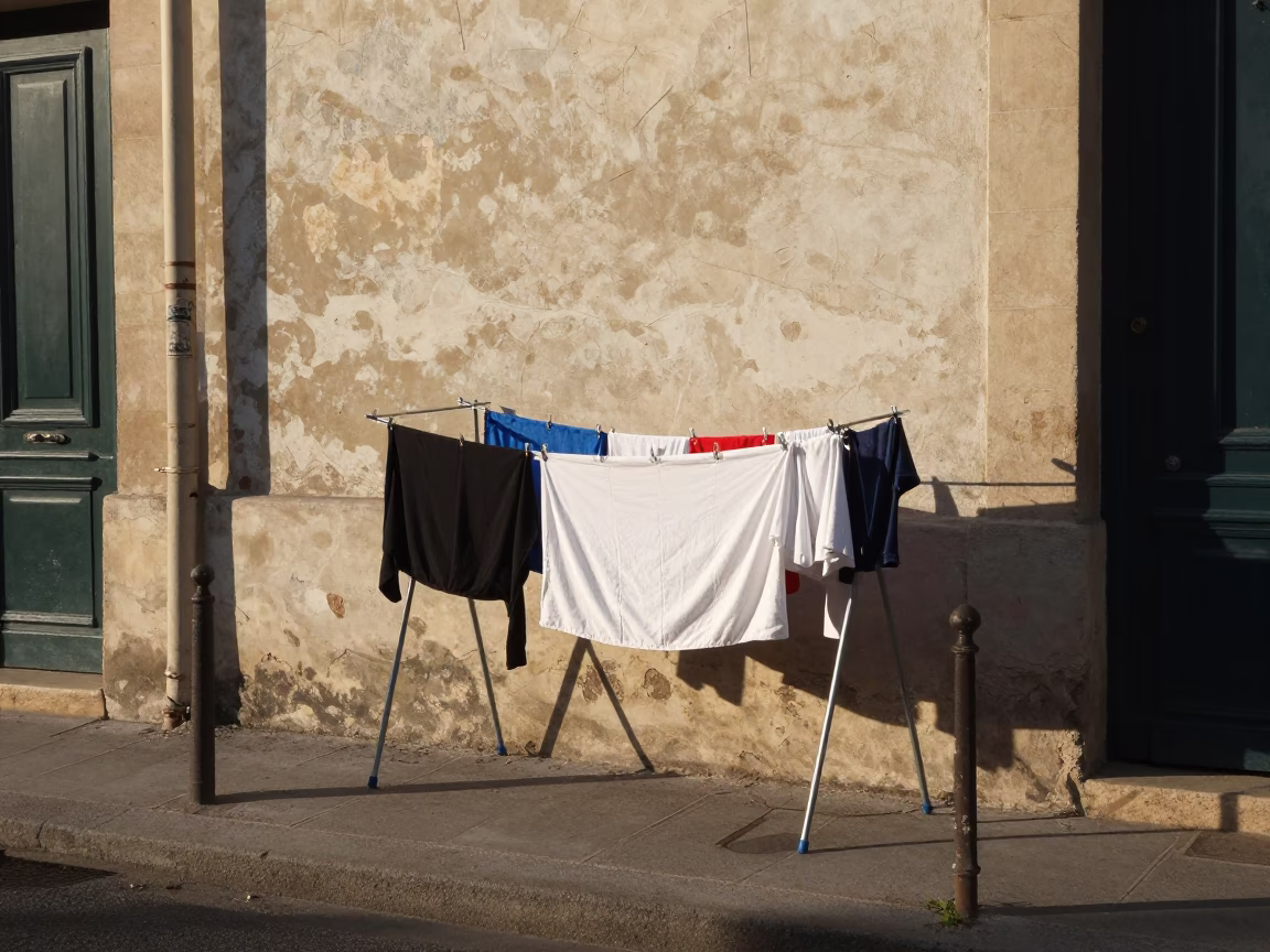 Late Afternoon Paris Street Scene with Drying Rack and Plaster Wall Details in in Paris, France