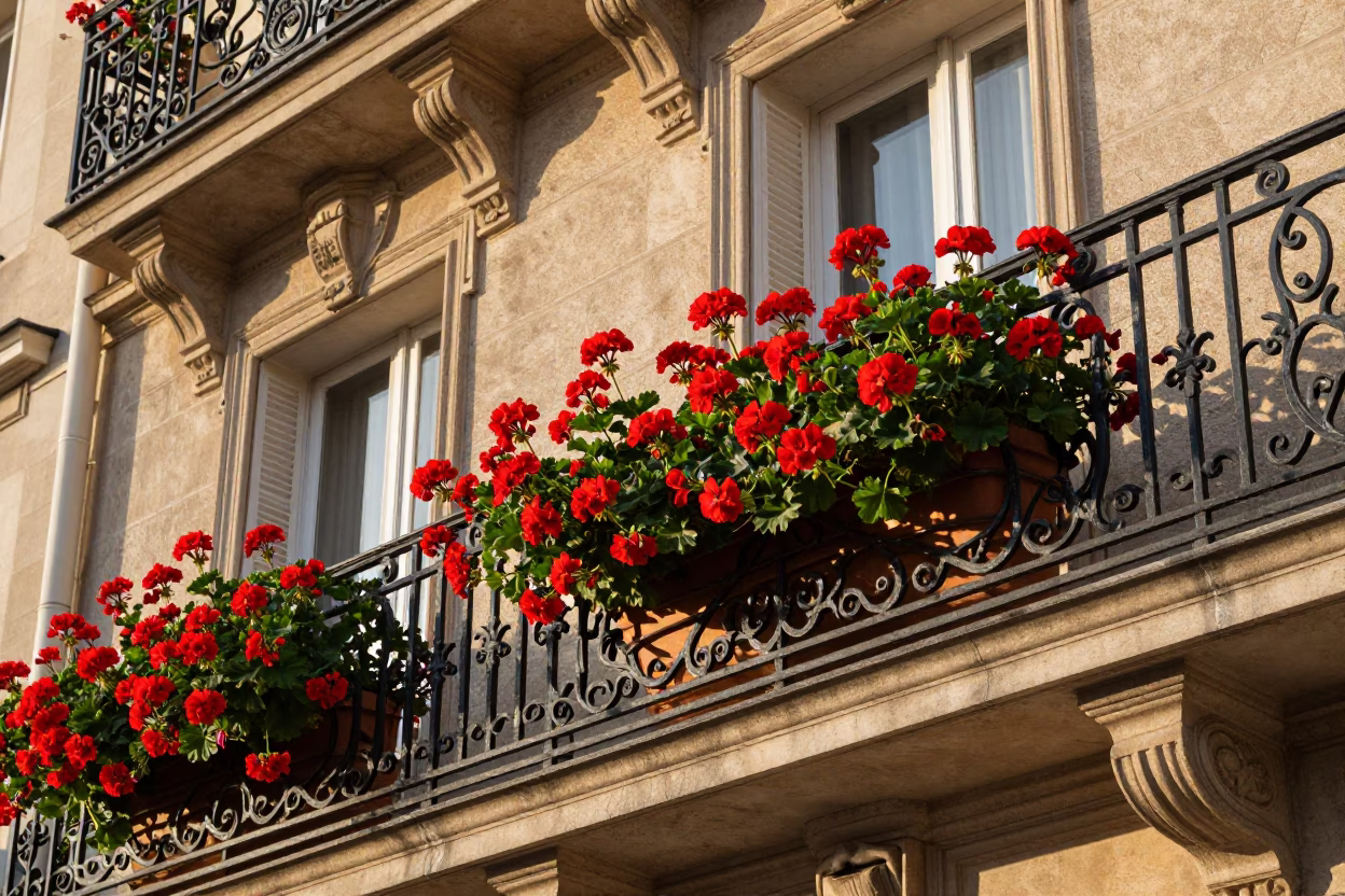Late Afternoon Paris Street Scene with Geraniums and Brushed Steel Rail in in Paris, France
