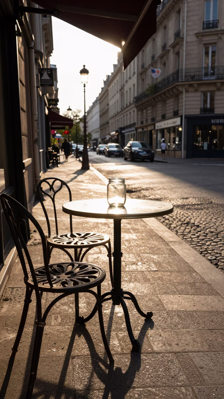 Late Afternoon Paris Street Scene with Glass Jar and Utensil Crock on Cafe Terrace in in Paris, France