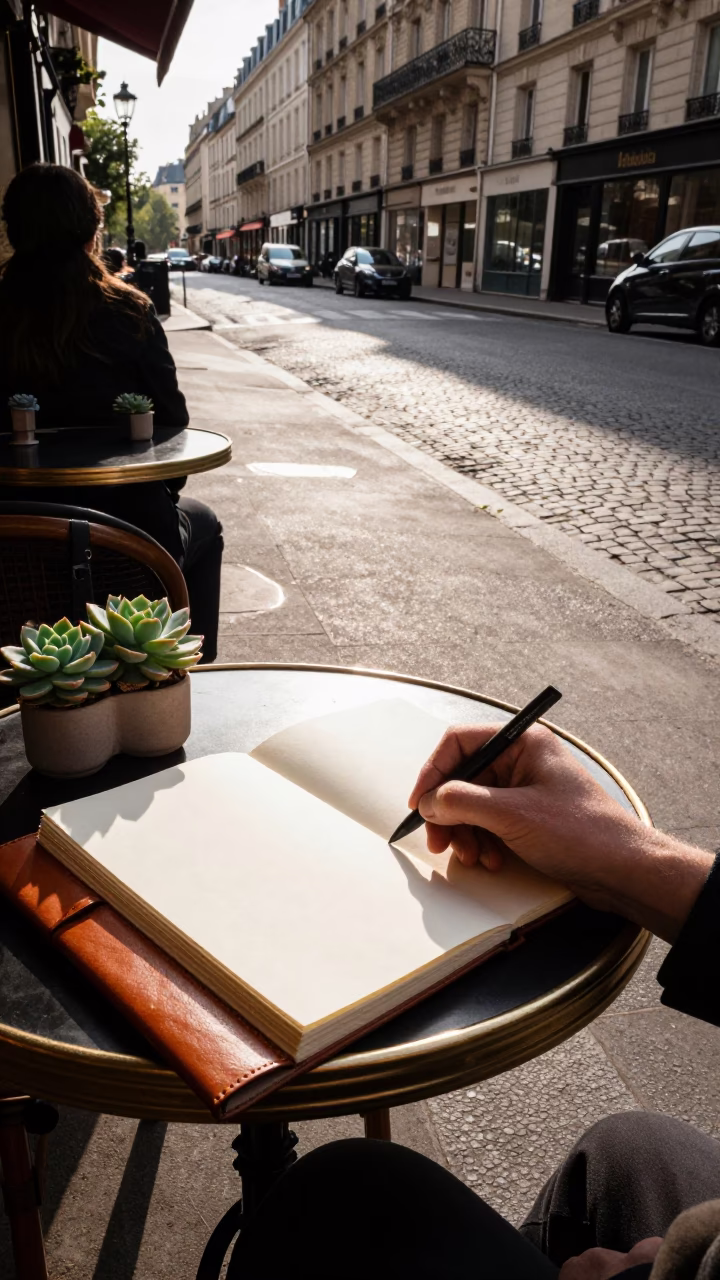 Late Afternoon Paris Street Scene with Sketchbook and Succulents in Terracotta Pots in in Paris, France